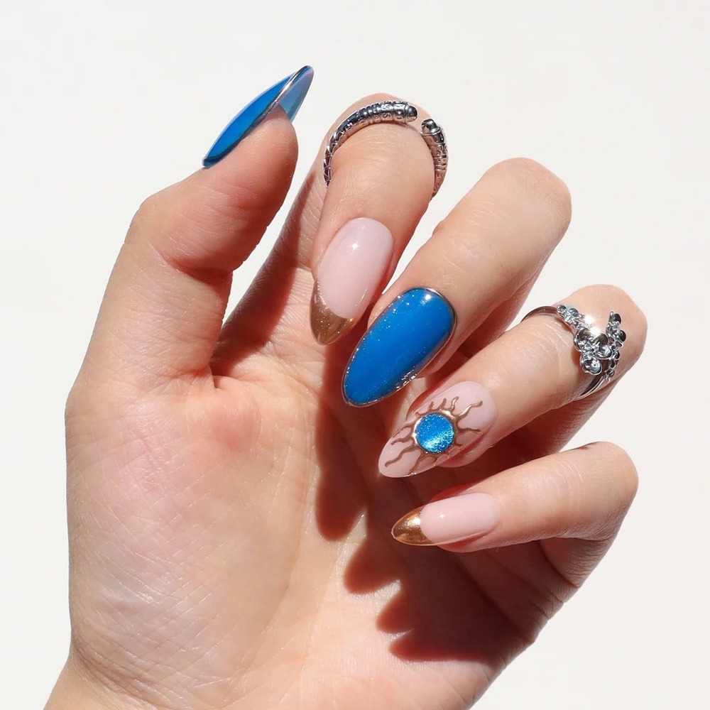 Nail Reformation Blue Gold Sun Celestial Almond Press On Nail Kit 30ct NEW